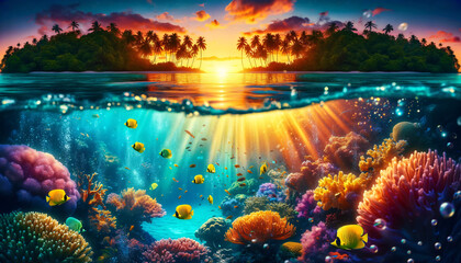 A tranquil underwater scene with a view split between the vibrant life below and a serene sunset above. Below the water, the coral reef teems