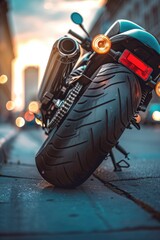 Close up view of a motorcycle on a busy urban street. Suitable for transportation themes