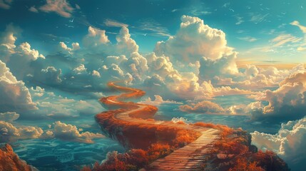 Painting of a beautiful landscape, there is a long and winding path leading up.