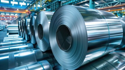 Industrial steel rolls in a factory setting. Suitable for manufacturing and industrial concepts