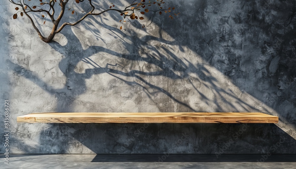 Aufkleber empty beautiful wood tabletop counter on interior background with shadow of tree and leaves with sun