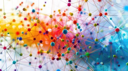 A 3D rendering of a colorful network of interconnected nodes. 