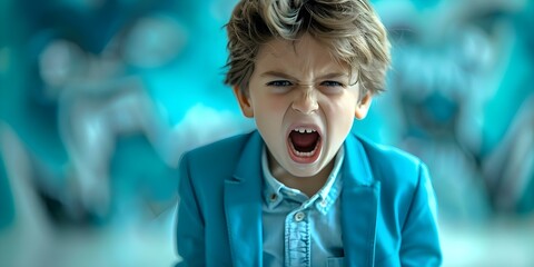 Angry boy in blue suit on pastel background expressing emotions through color. Concept Emotional Photography, Color Contrast, Expressive Portrait, Dark Mood, Vibrant Background
