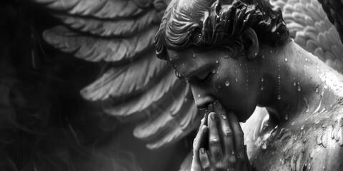 A black and white photo of a statue of an angel. Suitable for religious or artistic themes