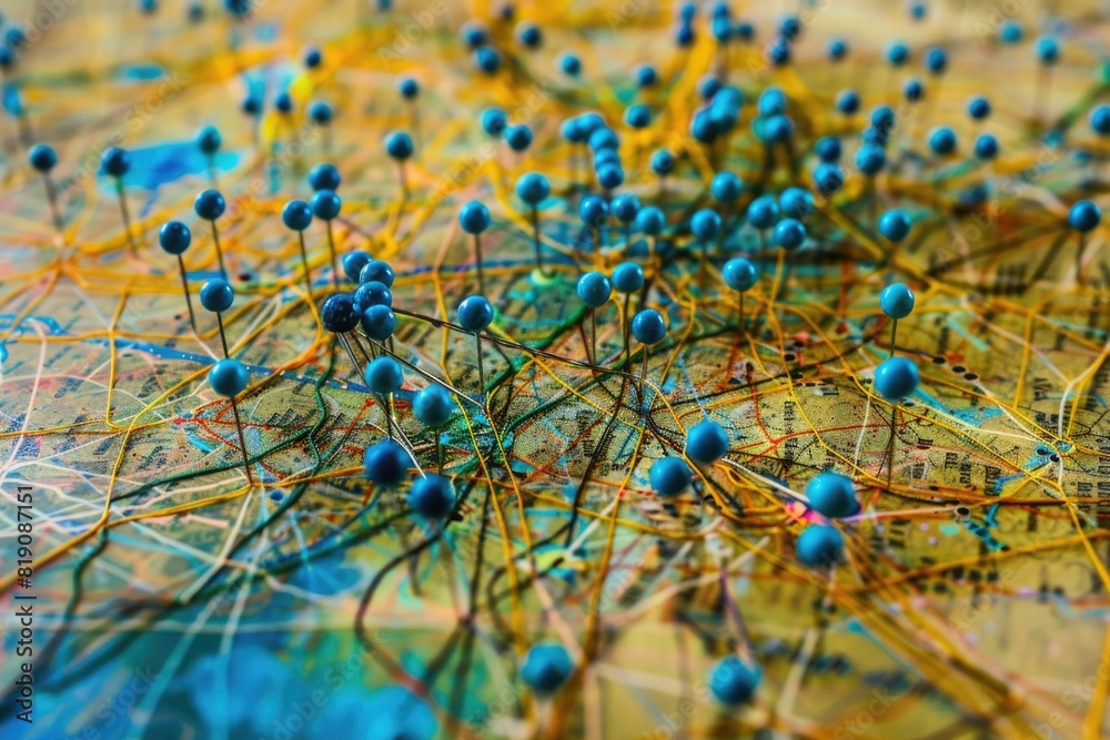 Poster Close up view of a map with pins, ideal for travel concepts