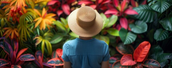 The back of an American woman wearing a blue shirt and straw hat is standing in front of colorful plants in a natural light panorama. in an indoor garden with tropical flowers and green leaves - Powered by Adobe