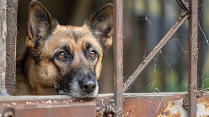 Close-up of a German Shepherd dog looking through a rusty fence. The dog's attentive gaze and the weathered surroundings create a poignant scene... - Powered by Adobe