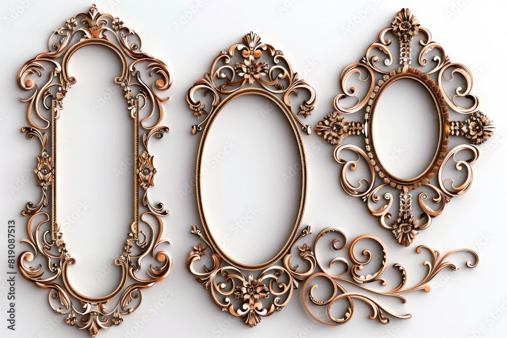 Poster elegant set of three ornate gold frames on a clean white background, perfect for adding a touch of l
