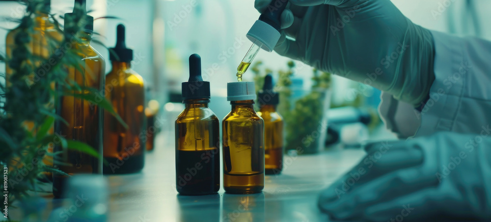 Poster a person in a lab coat pouring liquid into a bottle. ideal for science and research concepts
