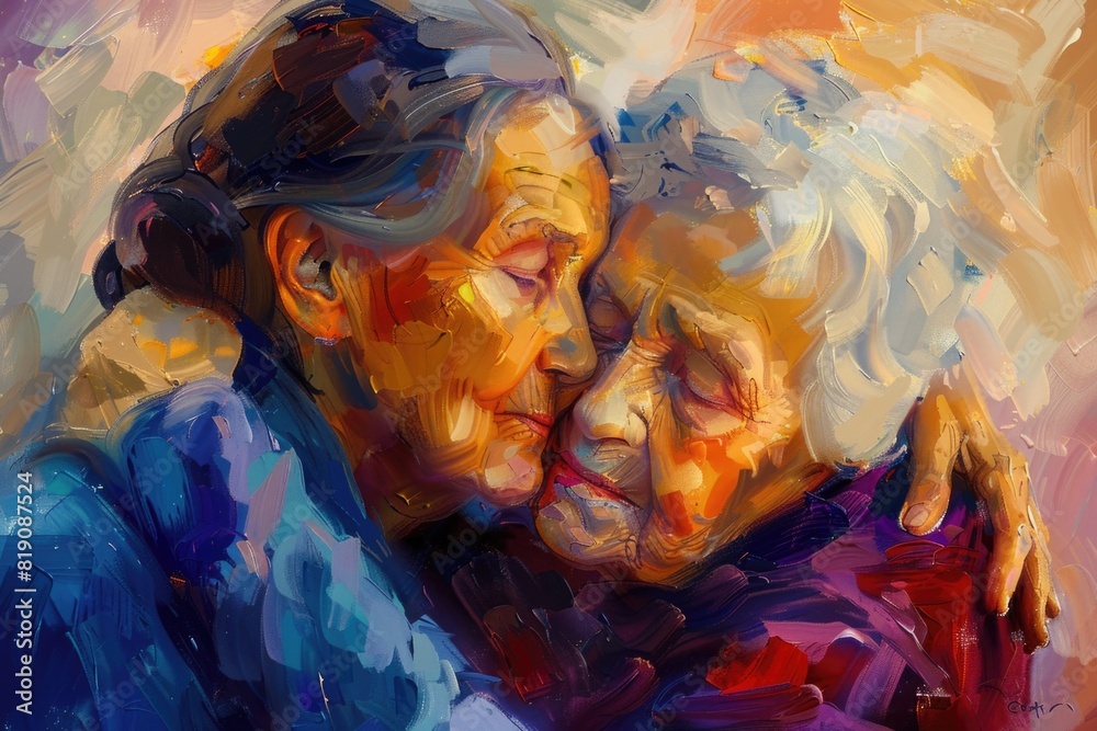 Canvas Prints Two elderly women hugging, suitable for friendship concept