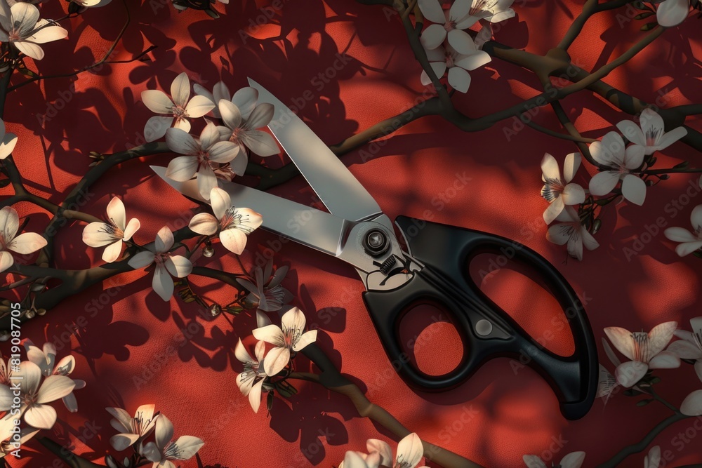 Aufkleber a pair of scissors resting on a vibrant red tabletop. suitable for office or crafting themes