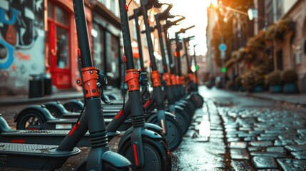 Naklejka premium Fleet of Electric Scooters parked in a city.