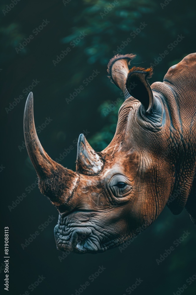 Poster a close up shot of a rhino with a bird perched on its head. perfect for wildlife enthusiasts