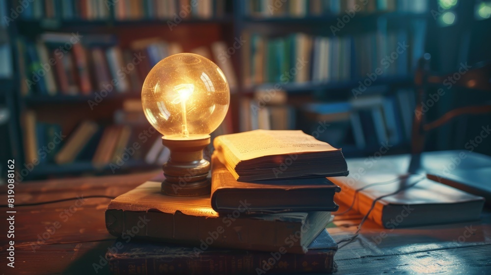 Poster a light bulb sitting on top of a stack of books. perfect for educational concepts