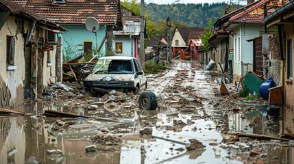 Flooded village with a damaged car, damaged houses, rubble and mud on the street