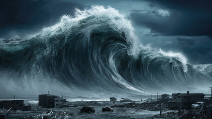 photography of threatening big and dangerous tsunami wave, natural disaster, climate change