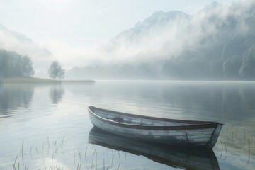 Foggy landscape with boat on the lake. 3d rendering.