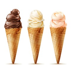 Chocolate, vanilla and strawberry Ice Cream. Set of various ice cream scoops in waffle cones isolated on white background