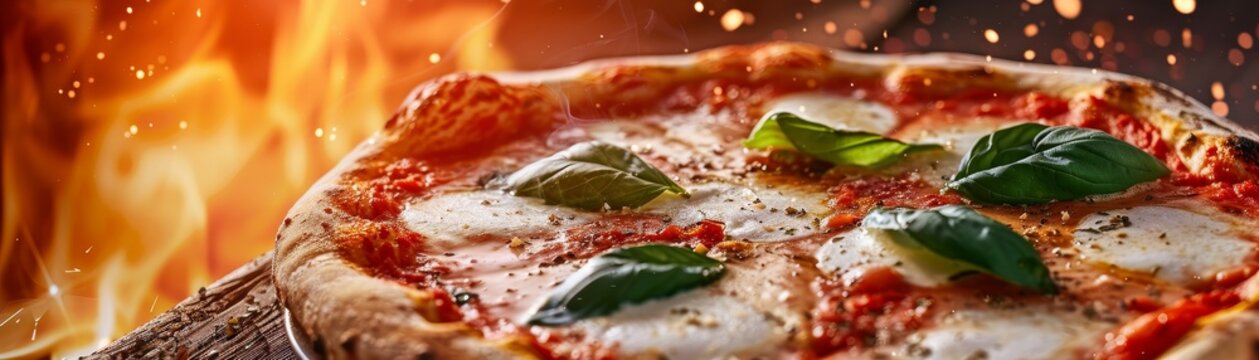 Closeup of a classic Margherita pizza, fresh basil and melted mozzarella cheese, vibrant tomato sauce, rustic Italian pizzeria background