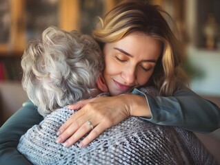 Smiling elderly woman receives kiss on cheek from her adult daughter in a heartfelt embrace. Tender moment. Concept of love and family affection