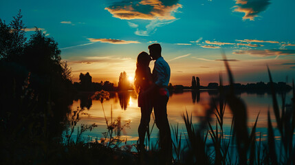 A young couple embraces and kisses at sunset on a romantic date, their silhouettes blending into the twilight.