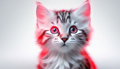 Cute Kitten white background portrait in the studio red light, funny puppy cat looks away