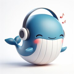 cute 3D funny cartoon Whale with small wireless headphone on head smiling and dancing, white background