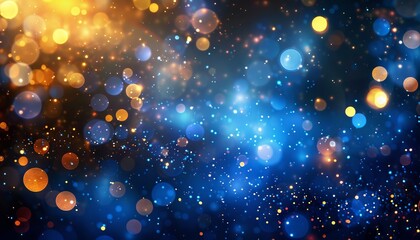 Abstract background with golden and blue lights, glitter bokeh, and night light effect. Perfect for celebrations or party design