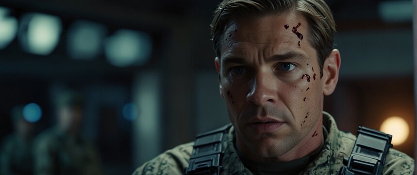cyborg soldier fighting in a warzone movie story seen trail cam footage, rear view, wide angle shot, a striking contrast against the soft, blurred background, with a digital interface overlaid