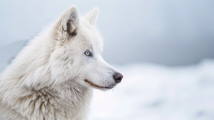 Obraz premium Profile view of a white Siberian Husky with blue eyes. The serene backdrop complements the dog's thick fur and focused expression...