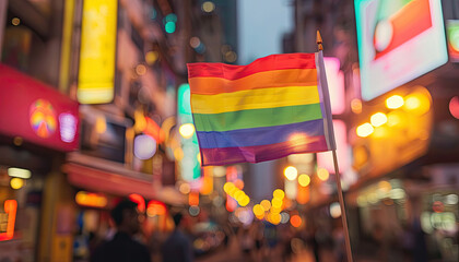 A woman is holding a rainbow flag in the air while the sun is setting by AI generated image