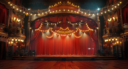 Empty Stage With Red Curtains and Lights