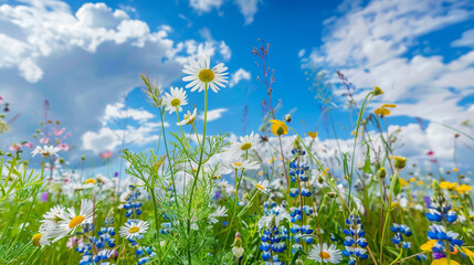 Close-up view of a picturesque field blanketed with chamomile flowers and blue wild peas,