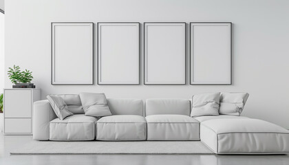 Stylish white media room design with four blank frames on a snow-white wall, an off-white sectional, and a contemporary white media unit.