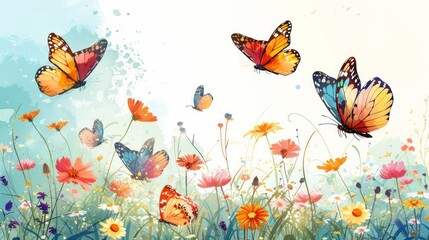 A whimsical illustration of colorful butterflies fluttering amidst a field of wildflowers, symbolizing freedom, transformation, and the beauty of nature.