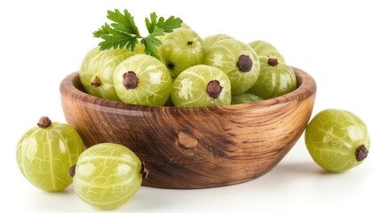 Fresh amla (Indian gooseberry) with wooden bowl isolate on white background
