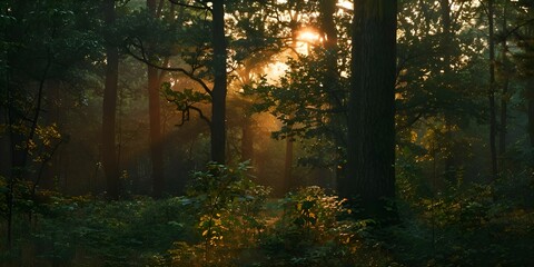 A photograph the tranquil beauty of a forest bathed in the soft golden light of sunrise or sunset