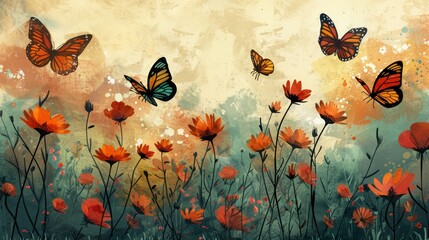A whimsical illustration of colorful butterflies fluttering amidst a field of wildflowers, symbolizing freedom, transformation, and the beauty of nature.