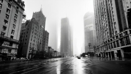 Fototapeta premium abandoned apocalyptic city streets wih skyscrapers in fog with cloudy skyes in rain