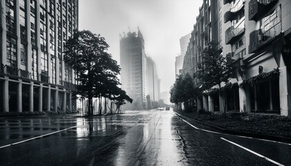 Fototapeta premium abandoned apocalyptic city streets wih skyscrapers in fog with cloudy skyes in rain