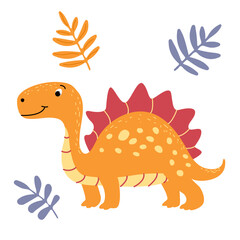 Charming illustration of a cute orange dinosaur in a flat vector style. Friendly and playful design is ideal for children's books, t-shirt, nursery decor, greeting cards, party invitations