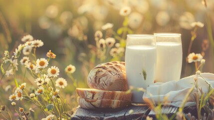 Fresh bread, two glasses of milk on wooden table on nature background. Beard and milk on the background of a meadow