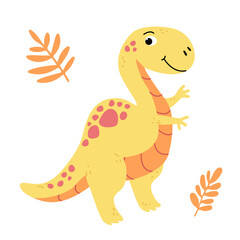 Charming illustration of a cute yellow dinosaur in a flat vector style. Friendly and playful design is ideal for children's books, t-shirt, nursery decor, greeting cards, party invitations