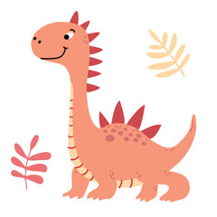 Charming illustration of a cute dinosaur in a flat vector style. Friendly and playful design is ideal for children's books, t-shirt, nursery decor, greeting cards, party invitations