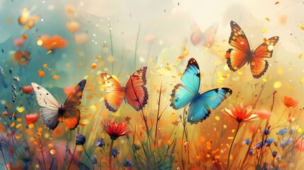 A whimsical illustration of colorful butterflies fluttering amidst a field of wildflowers, symbolizing freedom, transformation, and the beauty of nature.