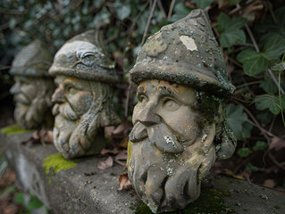 Obraz premium Weathered Garden Gnome Heads Partially Buried in Moss and Leaves Stone-Carved Bearded Faces with Lichen-Covered Hats in Overgrown Tranquil Garden Setting
