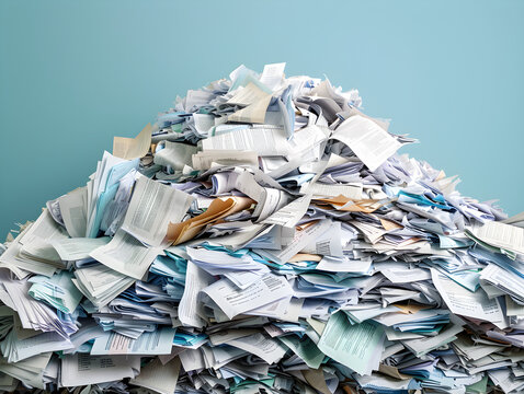 Chaotic Pile of Paperwork on Light Blue Background Depicting Administrative Overload, Office Clutter, and Organizational Stress - Disorganized Documents Highlighting Bureaucracy and Data Management