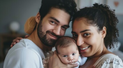 A young couple smiles warmly holding their infant, expressing love and parental joy in a close-up family portrait