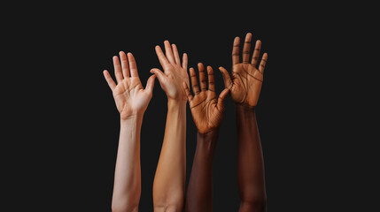 Diverse group raised hands up together for equality isolated on black background