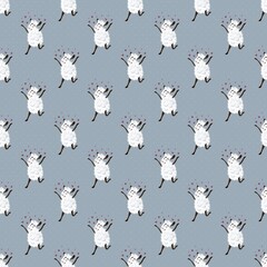 Seamless blue pattern, with smiling sheep and pink hearts staggered together